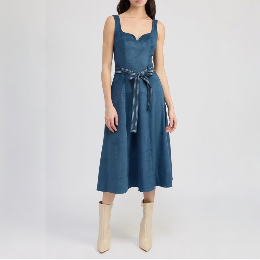 Anthropologie En Saison Teal Faux Suede Belted Midi Dress M NWT
